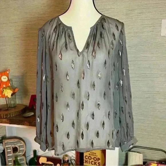 Joie - Silk Mauro Metallic Top Grey Silver Women’s Size Small Semi-sheer Blouse - Picture 6 of 14
